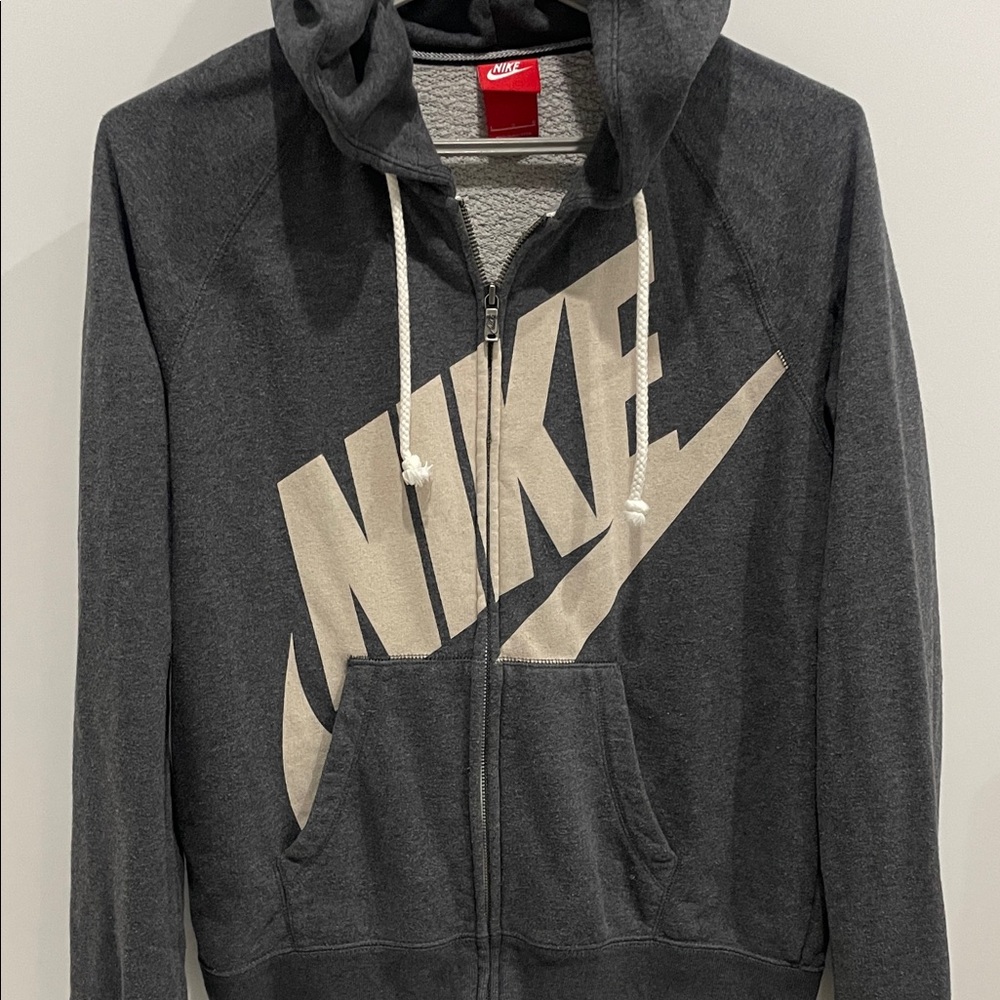 Nike Charcoal Full Zip Hoodie with Cream Logo • Size Large • Unisex